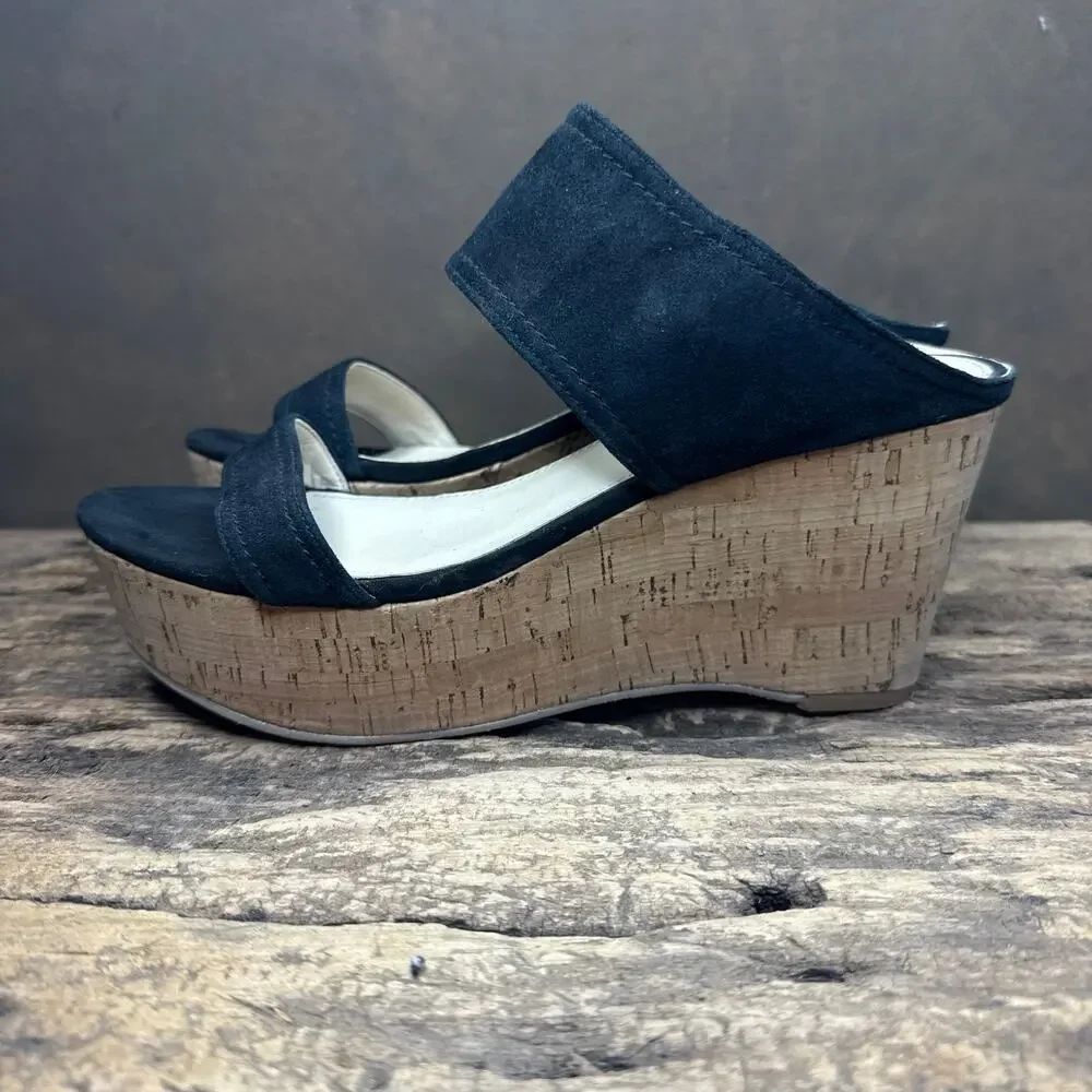 Marc Fisher Shelbee Navy Suede Cork Wedge Sandals Women’s 8.5M Leather Upper
